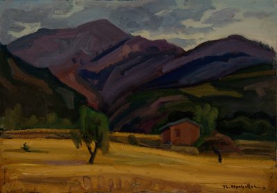 Outside the Door — Oil painting, Fiberboard, 36.00×51.00cm — Theodoros Markellos